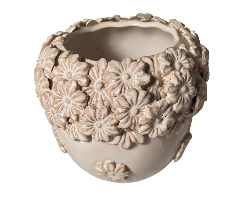 Ceramic Planter With Intricate 3D Floral Relief Cascading Sculpted Blossoms